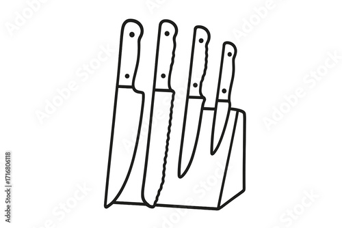 Kitchen knife set in a block. Minimalist outline vector illustration. Cooking and food preparation concept. Chef's tools and cutlery equipment for the kitchen. Simple line art icon.