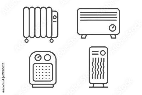 Electric heater icons set. Line art home appliances. Portable radiator, convector, fan heater. Minimalist climate control equipment for warmth in winter. Vector illustration.