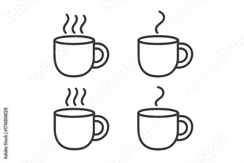 Coffee cup line art icon set. Minimalist vector illustration of hot mugs with steam. Simple symbols for cafe, break time, morning coffee, and hot beverages concept.