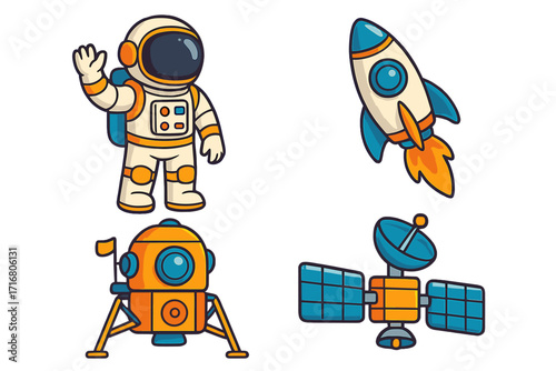 Space exploration cartoon icon set. Astronaut, rocket ship, satellite, and lunar lander vector illustration. Cute cosmos collection for kids. Galaxy adventure graphic elements.