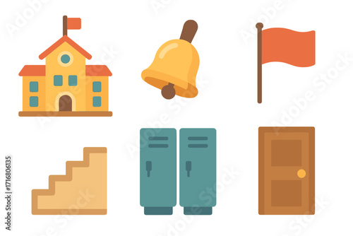 School icons set for education. Vector illustration in flat cartoon design. Includes building, bell, flag, stairs, lockers, door. Back to school concept elements.