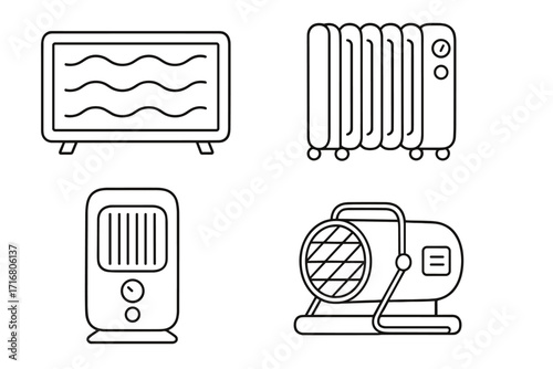 Heater icon set vector line art illustration. Minimalist electric heating appliances collection. Radiator, convector, fan heater symbols for climate control and warmth concepts.