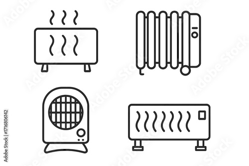 Heater icon set with various designs. Minimalist line art of electric heaters, radiator, and fan heater. Vector illustration for heating, warmth, winter, and climate control concepts.