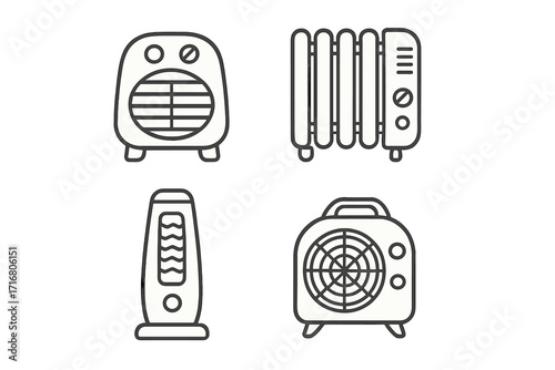 Portable heater line icon set. Electric heating equipment collection. Vector symbols for fan heater, oil radiator, ceramic and space heaters. Home climate control appliance.