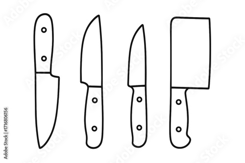 Set of kitchen knife outlines. Minimalist vector cartoon illustration. Cutlery collection with chef knife, meat cleaver, paring knife. Cooking and butchery concept line art.
