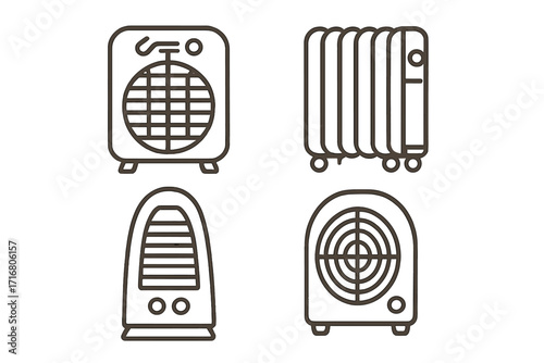 Set of portable electric heaters icons in minimalist line art style. Vector illustration of various heating devices like fan heater, oil radiator for warmth in cold winter.