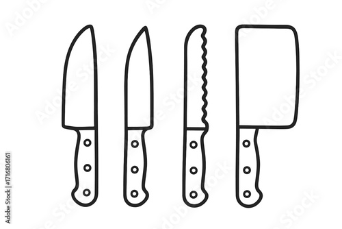 Minimalist kitchen knife outline set. Vector icons of culinary tools including chef's knife, meat cleaver, and serrated knife for cooking, butchery, and food preparation.