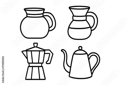 Coffee pot set line art vector. Icon collection with moka pot, pour over maker, kettle, carafe. Minimalist outline illustration for brewing, barista, cafe, kitchen.
