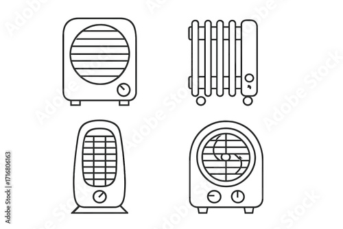 Set of portable heater icons in minimalist line art style. Vector illustration of various electric heaters like fan and oil radiator for home heating and climate control.