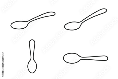 Set of minimalist spoon outlines in various perspectives. Vector line art icon collection for culinary design, kitchen utensil logo or menu element. Simple flat illustration.