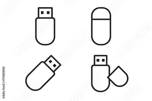 USB flash drive line icon set. Vector minimalist illustration of memory stick. Pen drive symbol for data storage and transfer. Digital information technology hardware concept.