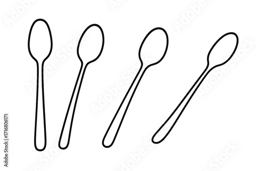Set of minimalist spoon outlines in various perspectives. Vector line art icon collection for culinary design. Simple kitchen utensil and tableware graphic elements for cooking.