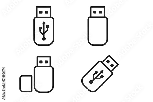 USB flash drive line icon set. Minimalist vector illustration of memory stick, flashdisk, thumb drive. Digital data storage, portable device, and file transfer technology concept.