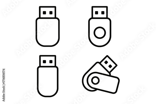 USB flash drive icon set. Minimalist line art vector. Memory stick, thumb drive, and pen drive symbols. Data storage, information transfer, and digital backup concept.