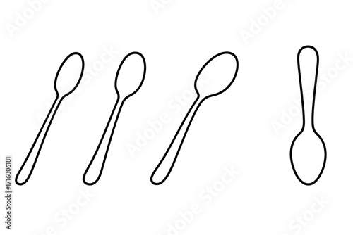 Set of minimalist spoon outlines in various perspectives for culinary design. Vector line art illustration. Kitchen utensil icon set for cooking, food blog, or menu design.