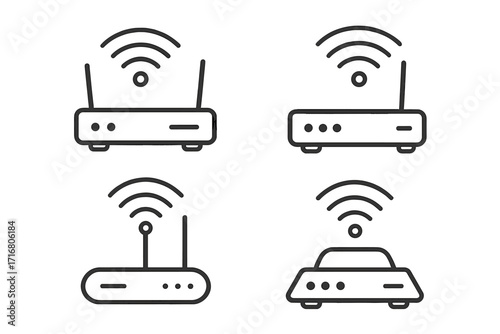 Wifi router line icon set. Wireless internet connection symbol. Network communication modem pictogram collection. Vector signal hotspot equipment illustration for web design.