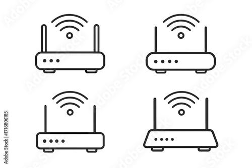 Wifi router line icon set. Wireless internet technology concept. Vector collection of modems with signal waves. Network, broadband, and connection symbols for web design.