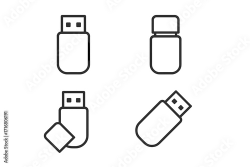USB flash drive line icon set. Minimalist vector illustration of memory stick, pen drive. Data storage technology concept. Digital portable hardware symbols. Outline graphic.