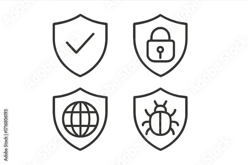 Cybersecurity shield icon collection. Minimal outline vector set for data protection and online safety. Secure lock, virus scan, network guard, and verified check mark symbols.