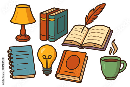 Cozy reading and study elements set. Vector cartoon illustration of books, coffee, lamp, and writer's tools. Concept for literature, education, knowledge, and creative ideas.