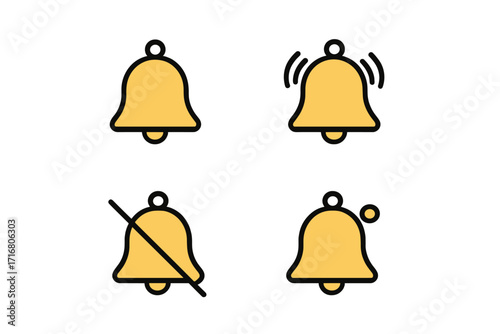 Notification bell icon set for web and mobile app UI. Vector graphic bundle includes new message, incoming alert, ringing, and silent mode symbols. Subscribe button concept.