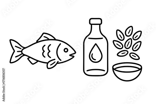 Omega-3 fatty acids sources simple line icon set. Healthy fats food ingredients with fish, seeds, and oil. Nutrition for keto diet. Healthy lifestyle vector illustration.