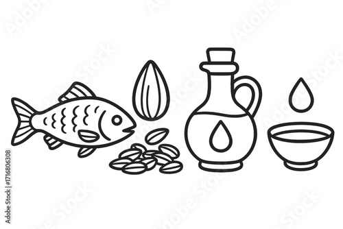 Healthy fats food sources simple line art set. Fish, seeds, and oils vector icons collection. Nutrition and diet concept. Omega 3 fatty acids from almond, fish, olive oil.