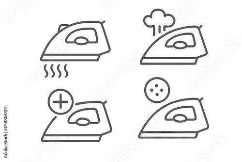 Simple line icon set of irons with steam and heat features. Vector illustration for laundry service, clothes care, and domestic appliance instructions. Ironing symbols.