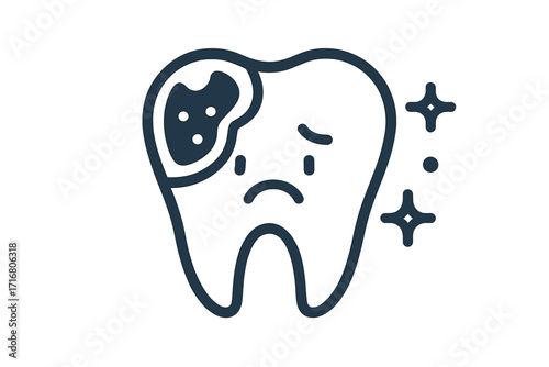 Caries vector icon. Sad cartoon tooth with decay and toothache. Dental disease concept. Unhealthy molar before treatment. Oral hygiene problem. Dentistry outline illustration.