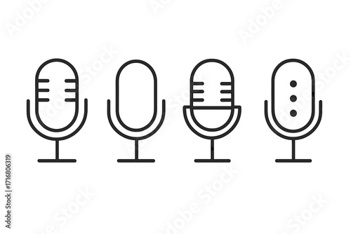 Microphone icons set for podcast and broadcast design. Minimalist line art vector illustration. Audio recording symbol for radio, studio, and web. Voice sound signs collection.