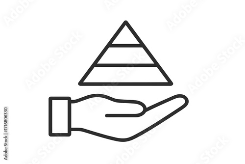 Hand holding pyramid icon. Maslow hierarchy of needs concept. Business structure levels. Organization chart symbol. Foundation and growth stages. Infographic vector element.