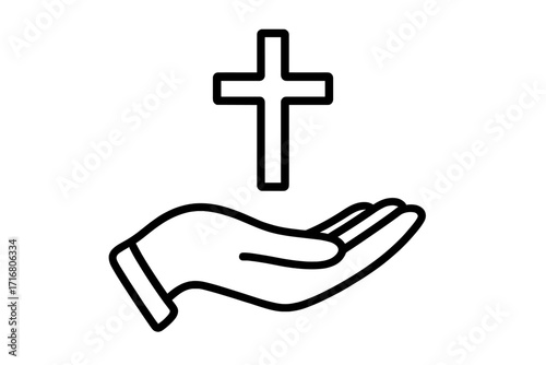 Hand holding cross line icon. Symbol of christianity, religion, and faith. Vector illustration for prayer, hope, charity, and belief. Concept for church, god, and worship.