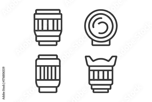 Camera lens line icon set. Vector illustration of photography equipment. Minimalist outline symbols for photo gear, objective, zoom, prime, telephoto, and aperture concept.