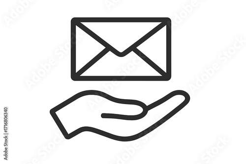 Hand holding mail envelope icon. Communication symbol. Concept for contact us, sending message, post, letter, email, or notification. Minimalist flat vector line art design.