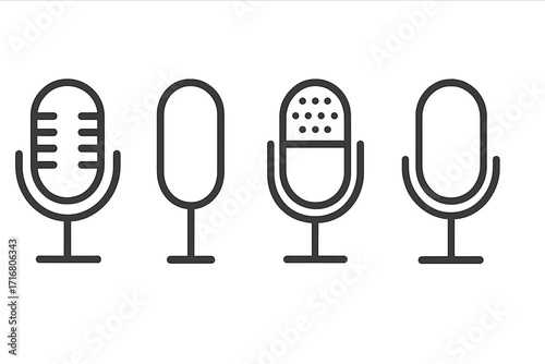 Minimalist microphone icons set. Simple line art for podcast and broadcast design. Vector audio record symbol. Studio sound equipment pictogram collection for web and app.