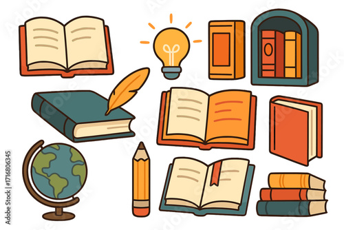 Education and knowledge vector icon set. Collection of cartoon books, library, globe, pencil, quill, and idea lightbulb. Back to school, learning, and reading concept design elements.