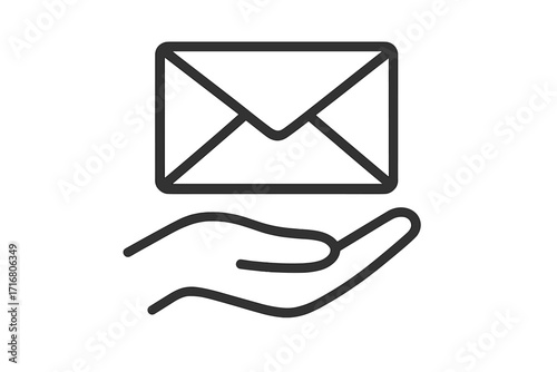 Mail icon over hand. Receiving message, email, or newsletter concept. Contact us symbol for web and mobile apps. Post service, communication, sending letter vector illustration.