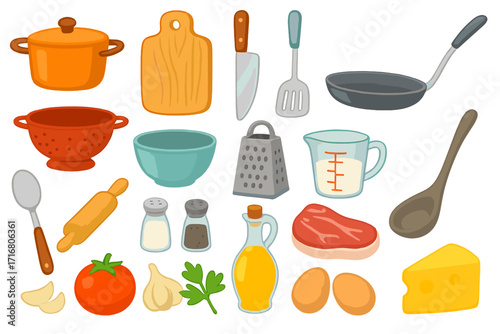 Kitchen tools and cooking ingredients vector icon set. Cartoon illustration for food preparation, recipe. Cookware, utensils, fresh food. Pot, pan, meat, cheese, egg, oil.