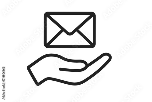 Hand giving mail envelope. Minimal line icon for contact, message, email, and communication. Vector symbol for web design, apps, business correspondence and customer support.