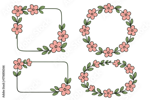 Hand drawn floral frames vector set. Collection of cute flower wreaths and borders. Botanical doodle illustration for a wedding invitation, greeting card, or circle logo design.