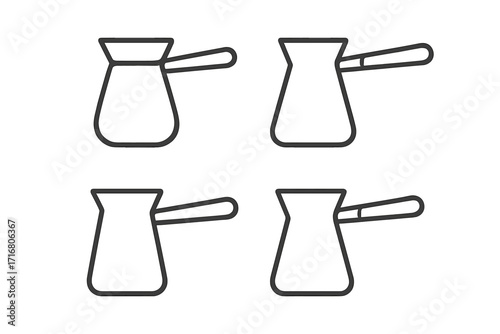 Turkish coffee pot line icon set. Vector cezve ibrik graphic. Minimalist traditional arabic coffee maker symbol. Oriental hot drink beverage concept for cafe logo design.