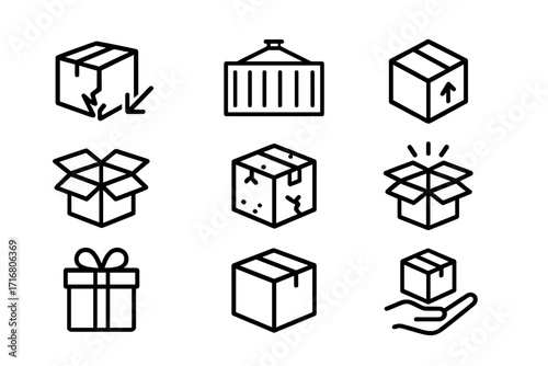 Vector line icon collection of boxes for shipping and delivery. Symbols for parcel, cargo container, gift, unboxing, and fragile package. Outline signs for logistics and e-commerce.