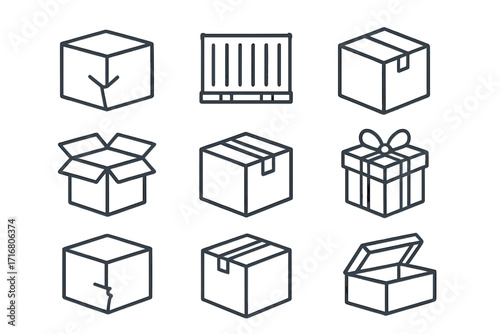 Box line icon set. Collection of package, parcel and container vector symbols. Outline signs for delivery, shipping, web design. Includes open, closed, broken and gift box.