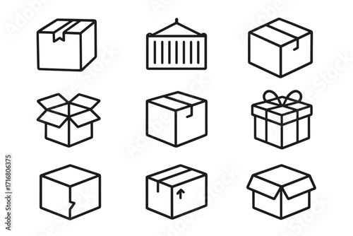 Box line icon set for logistics and shipping. Vector collection of package, parcel, container, and giftbox outline symbols. For delivery service, open and closed boxes.