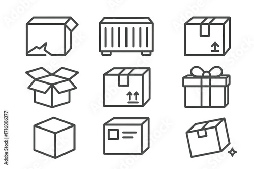 Set of box line icons. Shipping and delivery symbols. Parcel, package, container, giftbox vector signs. Open, closed, broken and sealed carton. Logistics, cargo, moving concept.