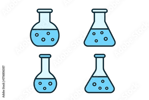 Chemical lab flask icon set. Laboratory glassware with blue liquid for science experiment, research. Chemistry, biology concept. Vector Erlenmeyer, Florence flask pictogram.