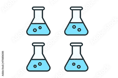 Collection of lab flask vector icons. Scientific research and chemistry experiment symbol. Blue chemical liquid in a beaker. Minimalist pictogram set for graphic design.