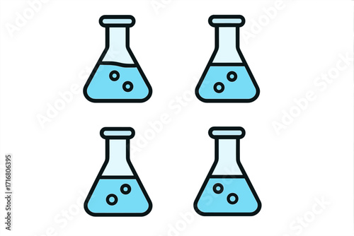 Science lab flask icon set. Chemistry glassware with blue liquid and bubbles. Vector collection of chemical experiment pictograms for web design, apps, and education materials.