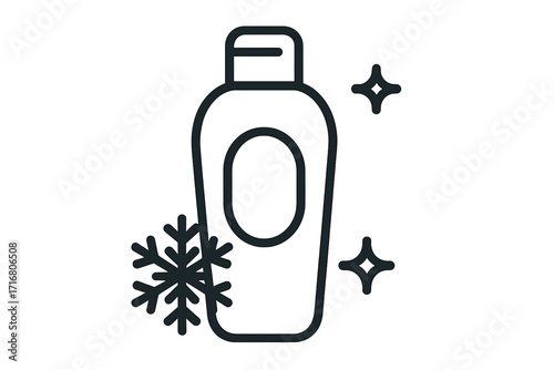 Winter hair care line icon. Conditioner, shampoo bottle with snowflake symbol. Fresh, clean cosmetic product for cold weather protection. Beauty treatment for healthy shiny hair.