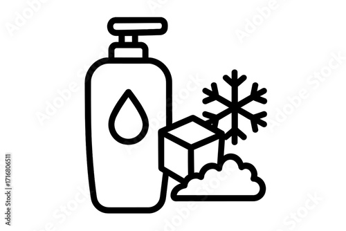 Cooling conditioner, shampoo, or soap with ice and snow. Menthol effect cosmetic product line icon. Winter hair and skin care concept. Refreshing cold cream vector symbol.